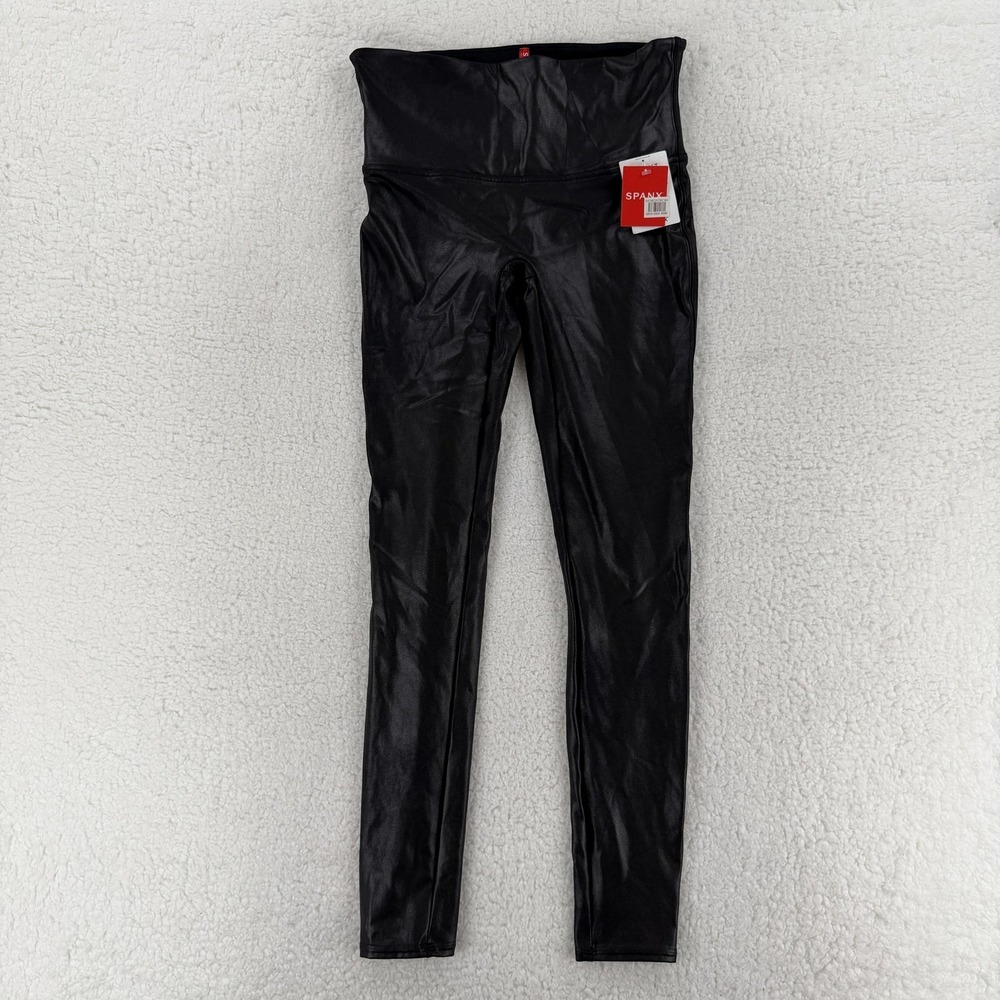 Spanx Leggings Womens Large Black Faux Leather Mid Rise Stretch Shaping‎ Ankle